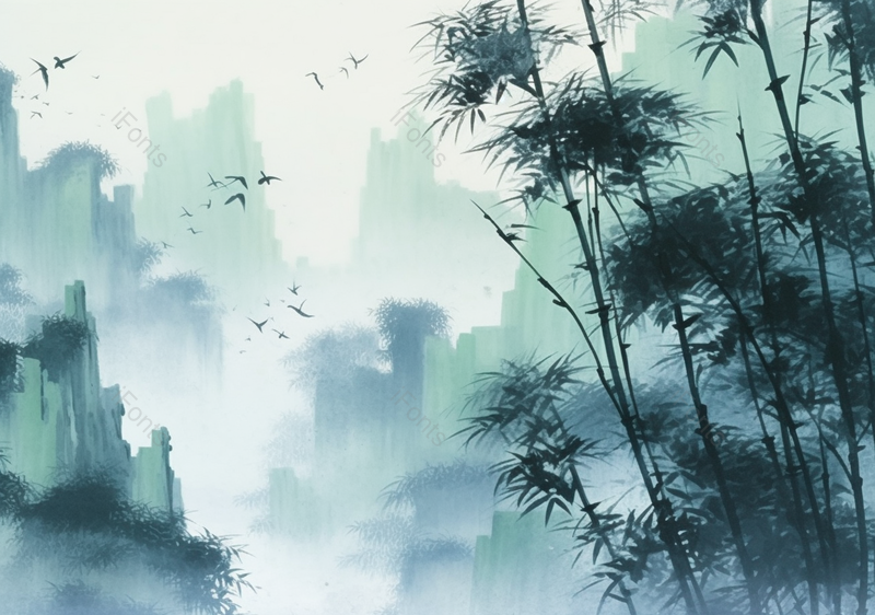 手绘国风意境竹子竹林飞鸟飞过山头彩色山水风景文艺插画,插画/手绘图,插画/手绘图库,插画/手绘图下载,插画/手绘